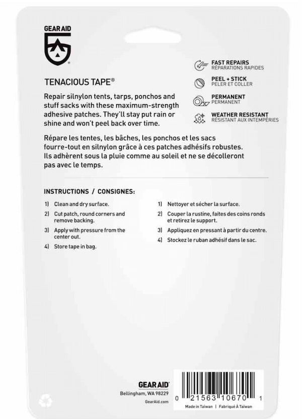 Package of Gear Aid Tenacious Tape with instructions and branding.