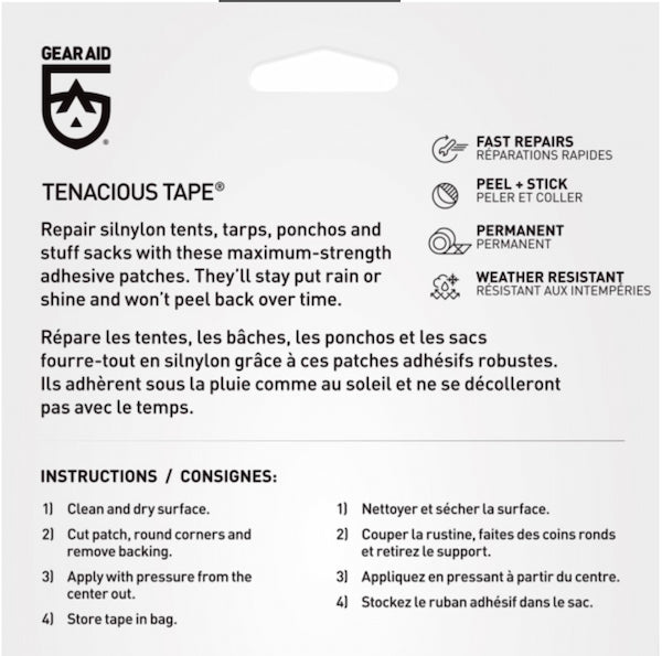 Gear Aid Tenacious Tape packaging with repair instructions and product details.