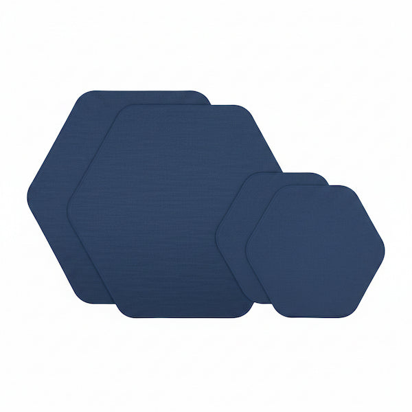 Four hexagonal coasters in a dark navy blue color, arranged in a fanned-out stack on a plain white background.