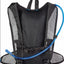 Black hydration backpack with a blue water tube on a white background