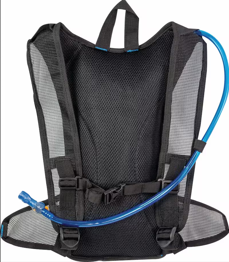 Black hydration backpack with a blue water tube on a white background