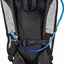 Black hydration backpack with a blue water tube on a white background