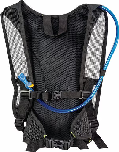 Black hydration backpack with a blue water tube on a white background