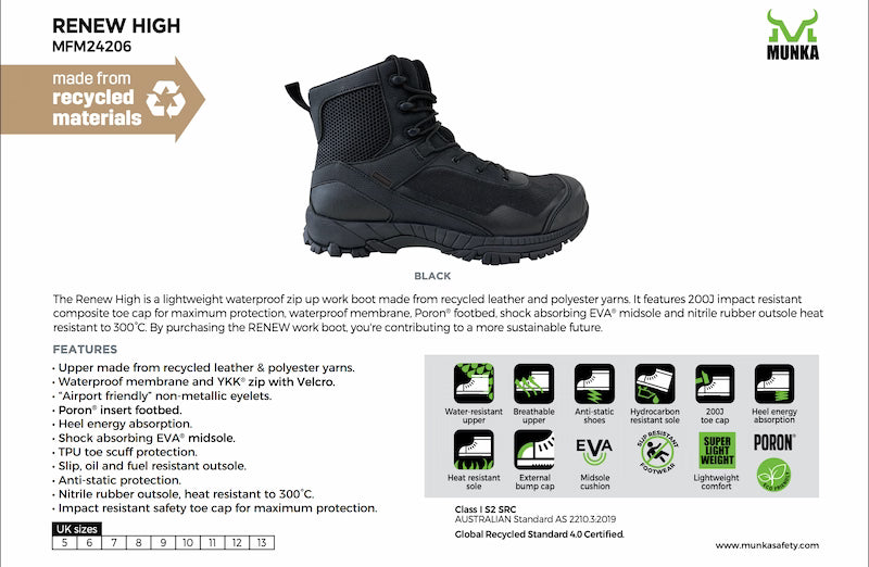 Black boot with sustainability features and Munka branding on a white background