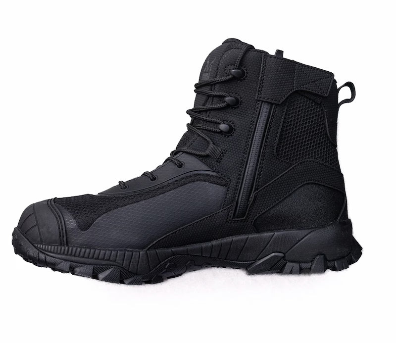 Black tactical boot on a white background
