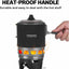 Firemaple stove with heat-proof handle and flames, featuring text about durability.