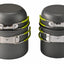 Two gray cookware sets with green straps on a white background