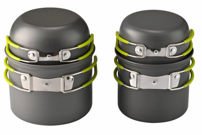 Two gray cookware sets with green straps on a white background