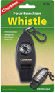 Coghlan's four-function whistle packaging with carabiner and thermometer on a green background