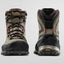 Pair of hiking boots with visible brand logos on a light gray background