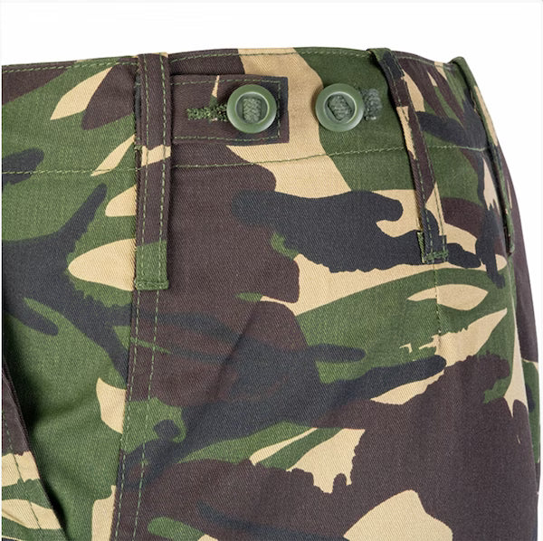 Close-up of camouflage pants with buttons on a white background