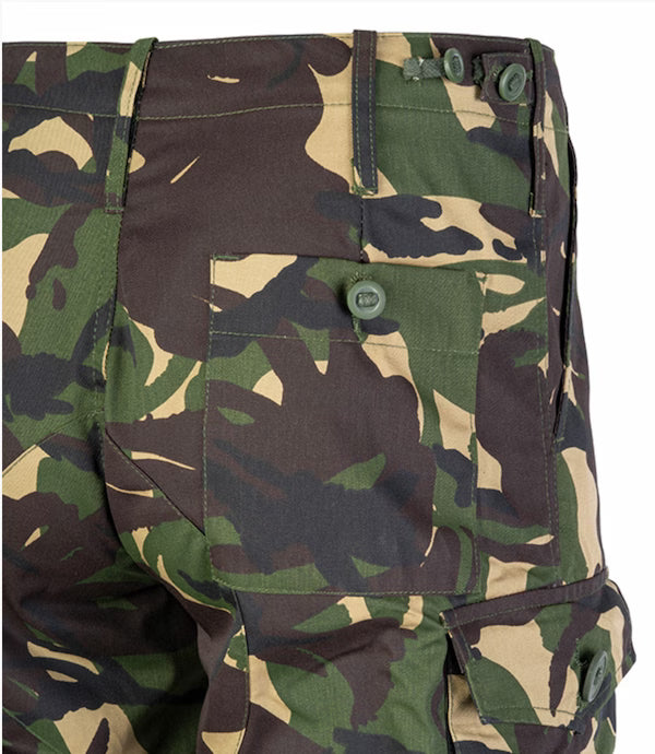 Camouflage pants with a focus on the pocket area on a white background