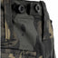 Close-up of a camouflage military-style bag with button details on a white background
