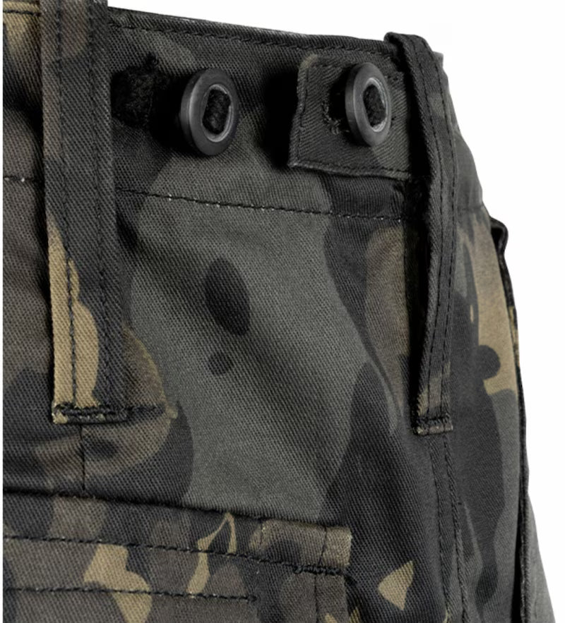 Close-up of a camouflage military-style bag with button details on a white background