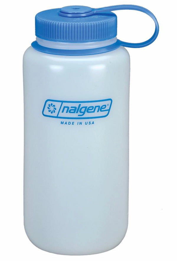 Nalgene water bottle with blue lid on a white background