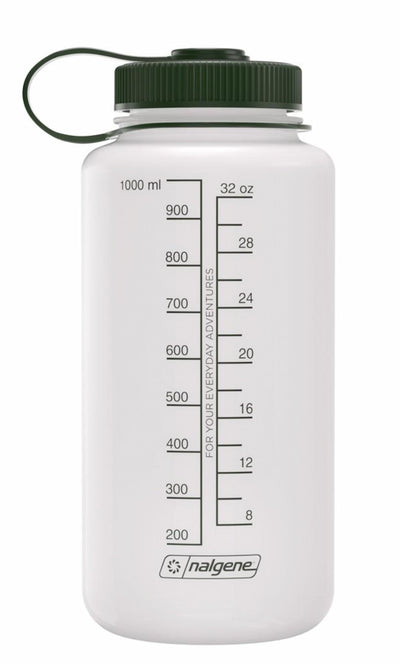 Nalgene water bottle with green lid on a white background