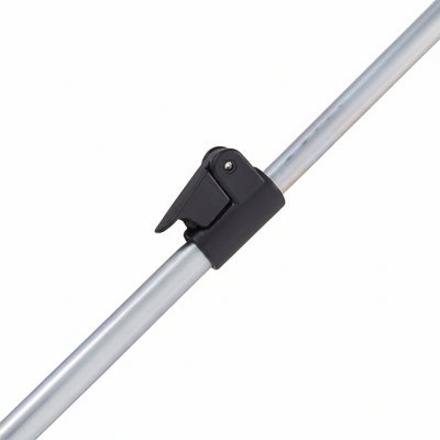 Black clip on a metal rod against a white background