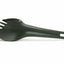A dark green spork utensil with integrated tines on the spoon end and a hanging hole in the handle, shown on a plain white background.