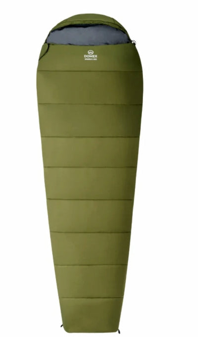 Green sleeping bag with a visible brand logo on a white background
