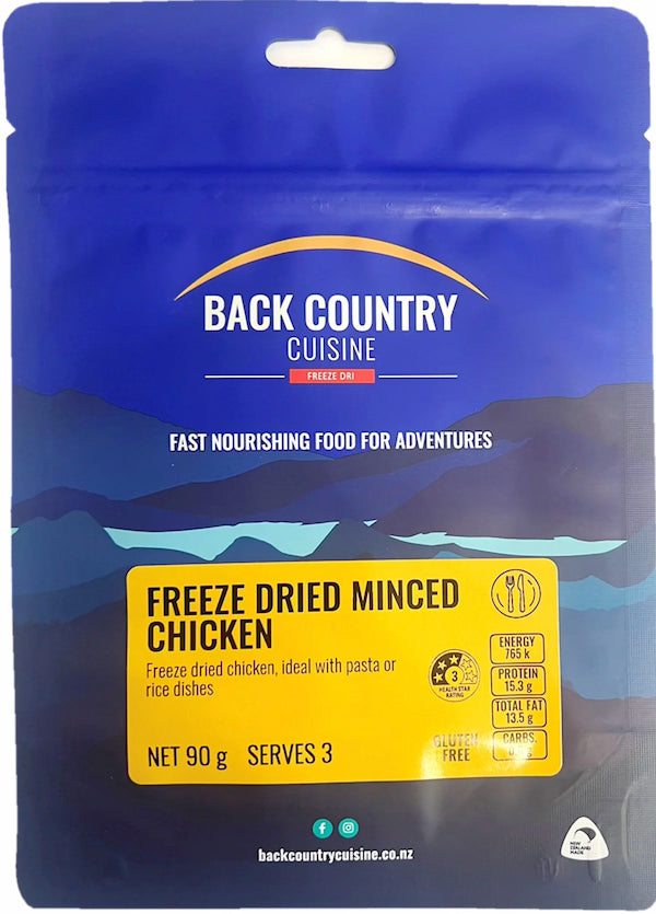 Back Country Cuisine freeze-dried minced chicken package with blue and yellow design.