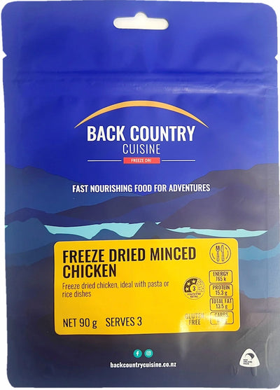 Back Country Cuisine freeze-dried minced chicken package with blue and yellow design.