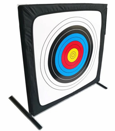 Archery target with colorful concentric circles on a white background