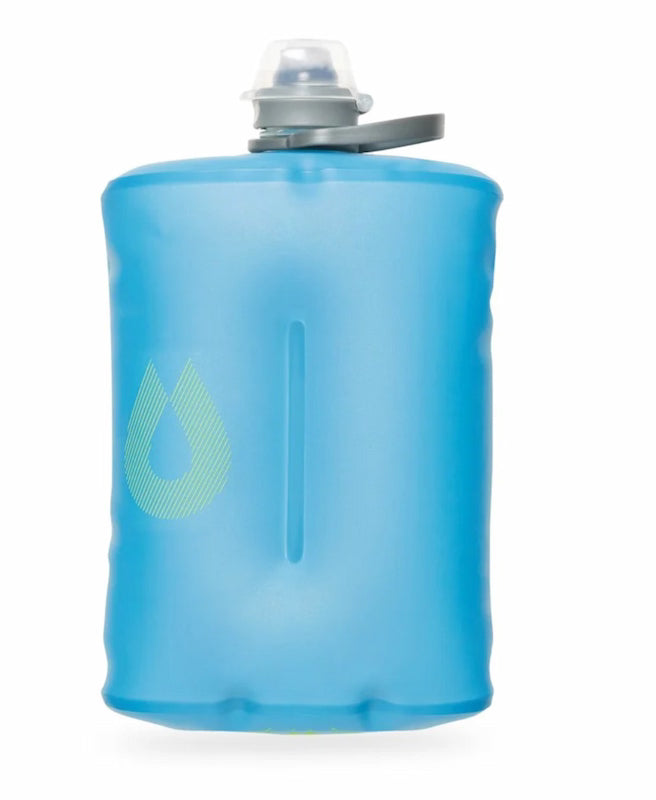 Blue silicone water bottle with a gray cap on a white background