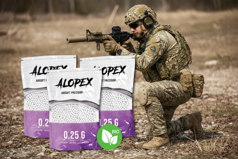 Three packages of Alopex airsoft precision pellets with a green bio logo on a white background.