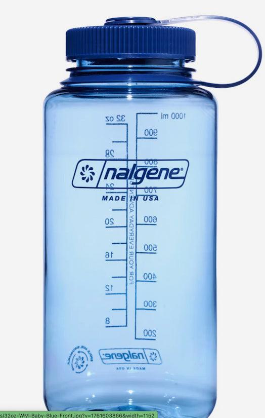 Blue Nalgene water bottle with measurement markings on a white background