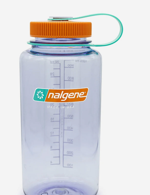 Clear water bottle with orange cap and Nalgene logo on a white background