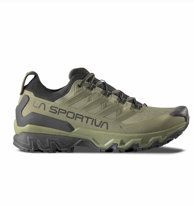 Green and black running shoe with LA Sportiva branding on a white background