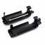 Two black metal brackets on a white background
