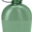 A green translucent plastic water bottle with a black screw cap and carrying loop, isolated on a white background.