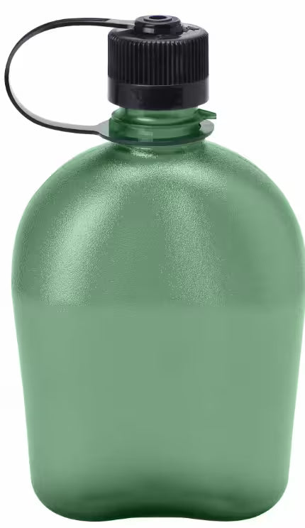 A green translucent plastic water bottle with a black screw cap and carrying loop, isolated on a white background.