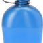 A translucent blue plastic water bottle with a black screw cap and carrying loop, shown on a plain white background.