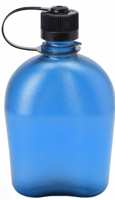 A translucent blue plastic water bottle with a black screw cap and carrying loop, shown on a plain white background.