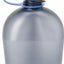 A translucent gray plastic canteen bottle with a ribbed blue screw cap and matching blue carrying loop, shown on a plain white background.