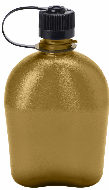 A matte metallic gold canteen bottle with a black screw cap and carrying loop, isolated on a white background.