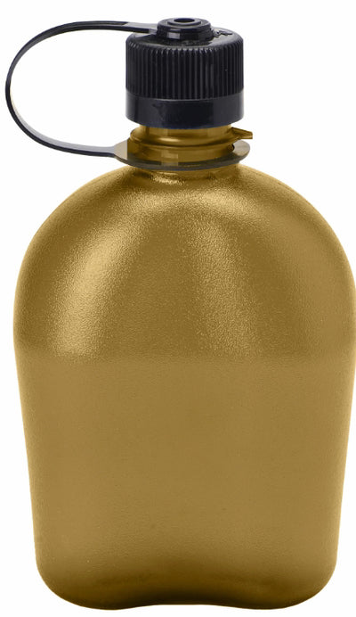 A matte metallic gold canteen bottle with a black screw cap and carrying loop, isolated on a white background.
