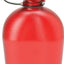 A red translucent plastic canteen bottle with a black screw cap and carrying loop, shown on a plain white background.