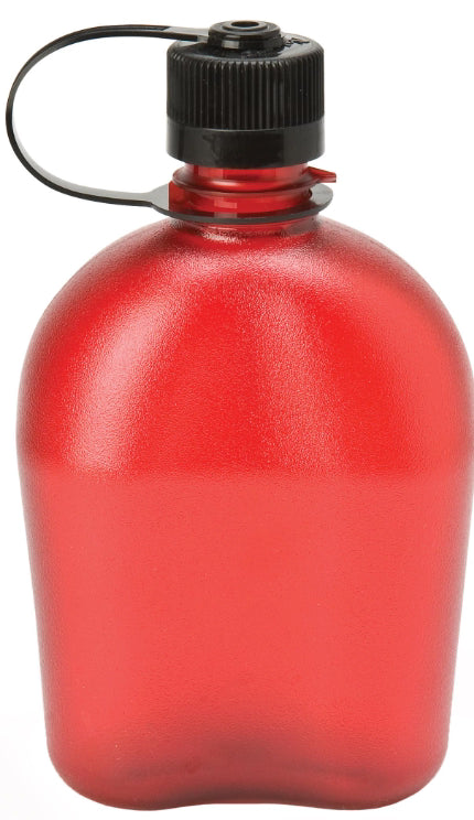A red translucent plastic canteen bottle with a black screw cap and carrying loop, shown on a plain white background.