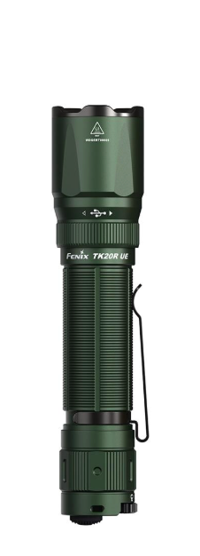 A Fenix TK20W UV flashlight in matte dark green, featuring a textured grip, a black side clip, and white printed text on the barrel, shown against a plain white background.