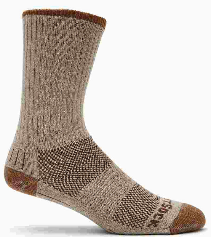 A single mid-calf sock shown in profile against a plain white background. The sock is primarily a heathered taupe-brown color with darker brown textured knit panels on the lower leg and heel, and a matching brown toe cap.