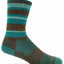 A single crew sock with a striped pattern in teal, brown, and light blue, shown against a plain white background.