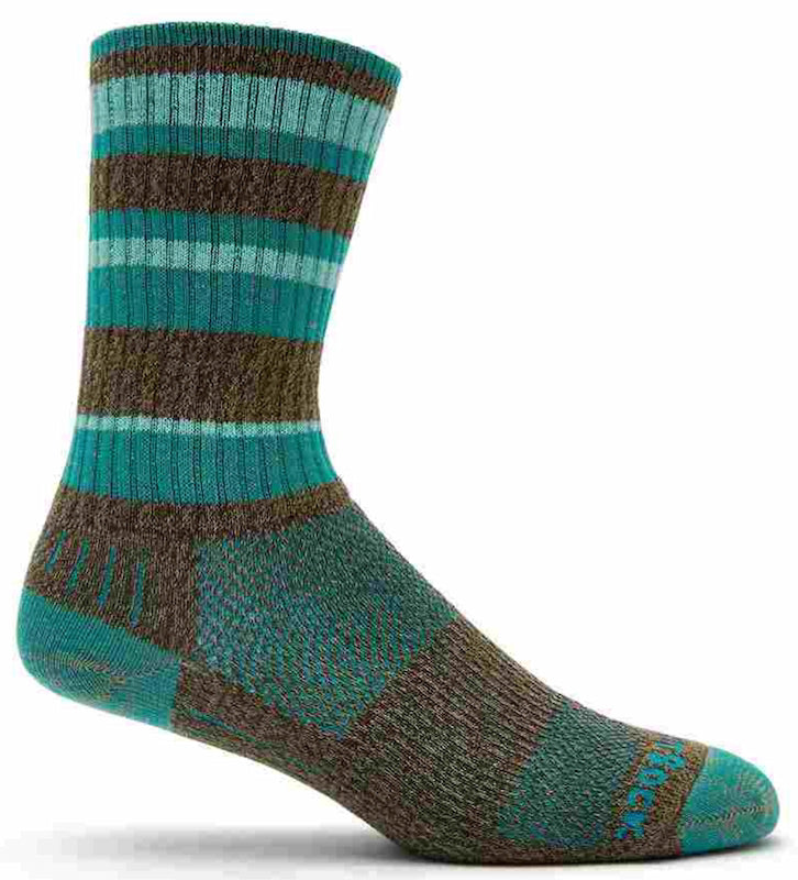 A single crew sock with a striped pattern in teal, brown, and light blue, shown against a plain white background.