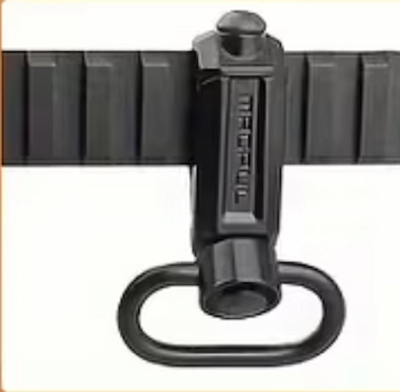 A black metal quick-release sling clip with a hanging loop, shown attached to a black sling strap against a white background.