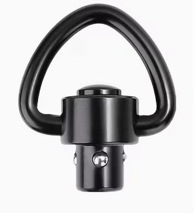 A black metal quick-release ring clamp with a cylindrical mounting base and a central locking screw, shown on a plain white background.