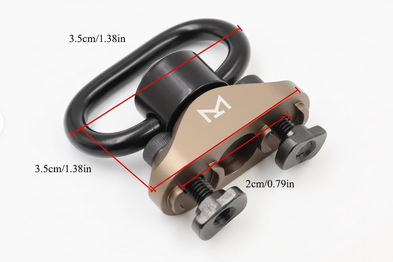 A close-up of a metal hardware component with a black curved loop and a tan anodized body, overlaid with red dimension lines and text showing 3.5cm/1.