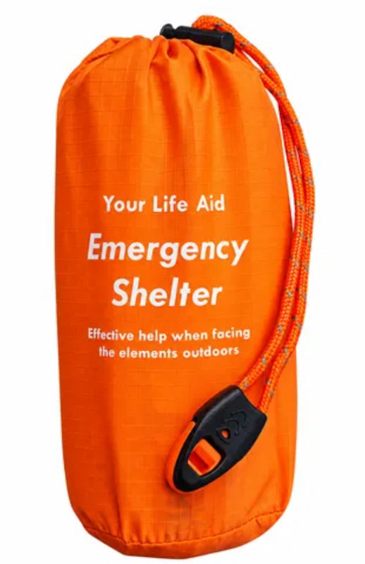 Mylar Emergency Shelter in orange bag on white background