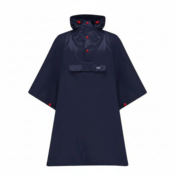 A dark navy blue hooded rain poncho with red button accents and a small white brand label on the chest, displayed against a solid white background.